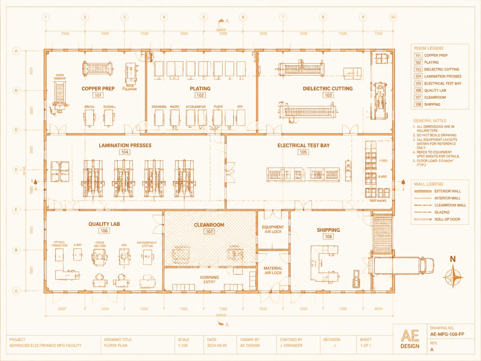 Facility floor plan blueprint — labelled zones for copper prep, plating, dielectric cutting, lamination presses, electrical test, quality lab, cleanroom, and shipping