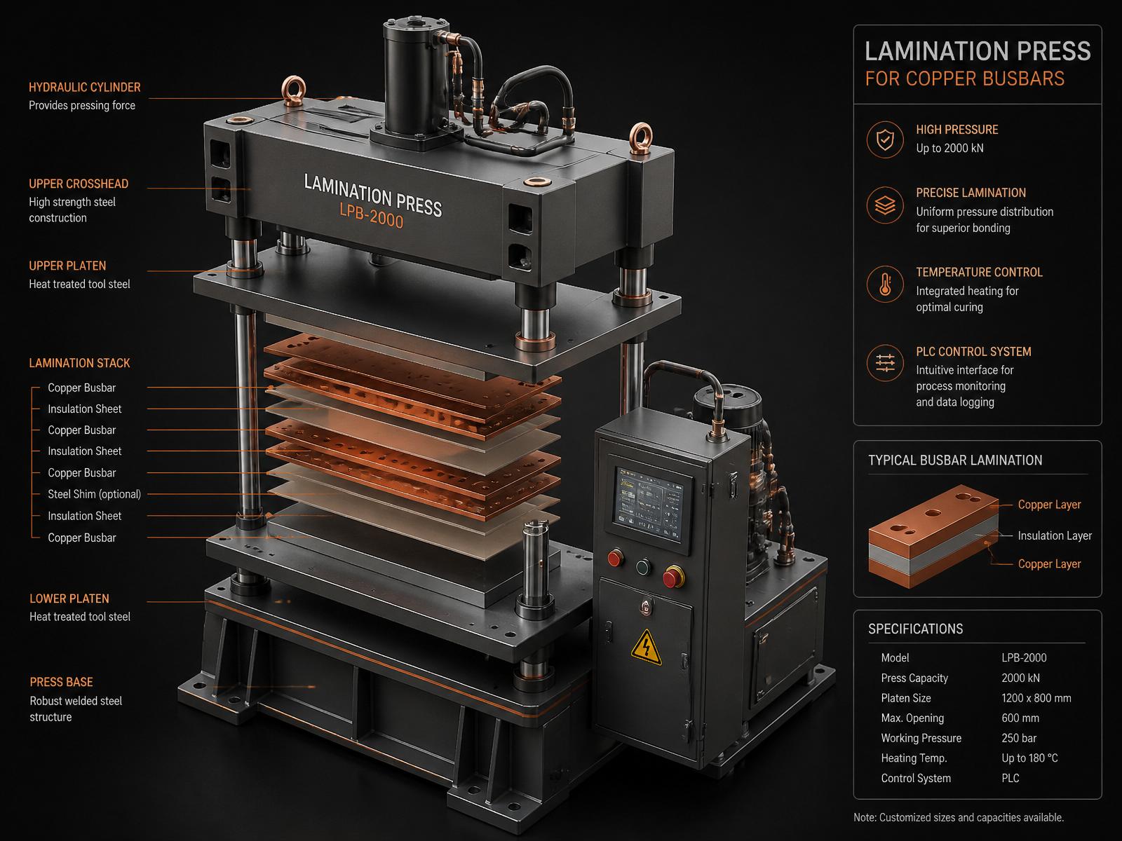 Lamination press for copper busbars — annotated exploded view